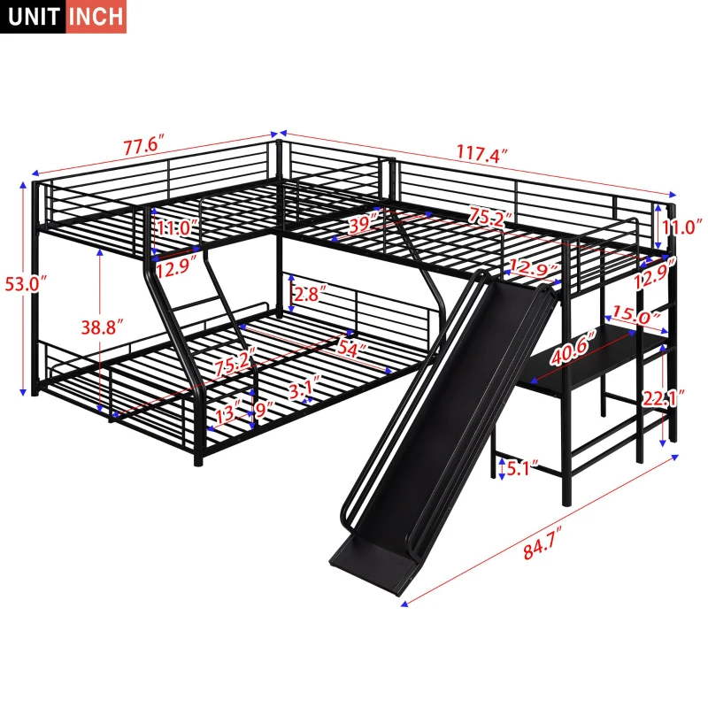 L-Shaped Twin over Full Bunk Bed with Twin Loft, Built-in Desk, Slide, Metal Frame, 117.5" L x 77.5" W x 53" H, Black