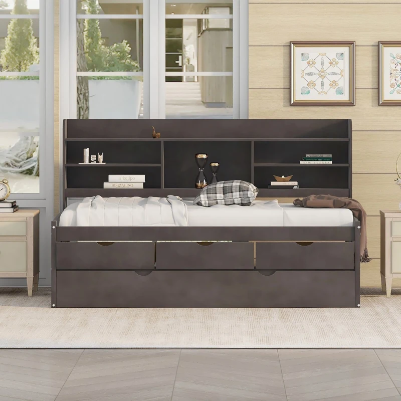 Classic Style Twin Size Wooden Captain Bed with Built-in Bookshelves, 3 Storage Drawers, and Trundle, 77.5" L x 88" W x 47" H, Antique Gray