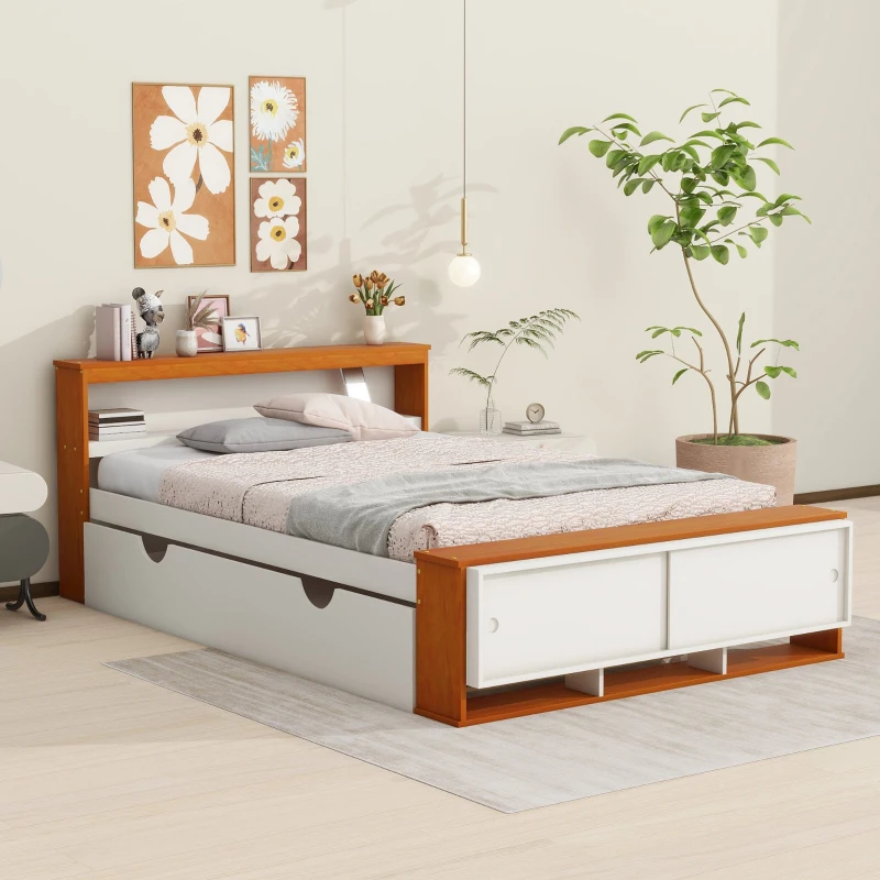Vinsetto Full Size Platform Bed with Trundle, Storage Headboard and Footboard, USB Charging Design, 92.5" L x 97.5" W x 32.5" H, White+Natural