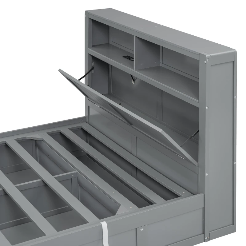 Wood Full Size Hydraulic Platform Bed with Storage LED Headboard, Charging Station, and 2 Drawers, 86" L x 56.5" W x 47" H, Gray