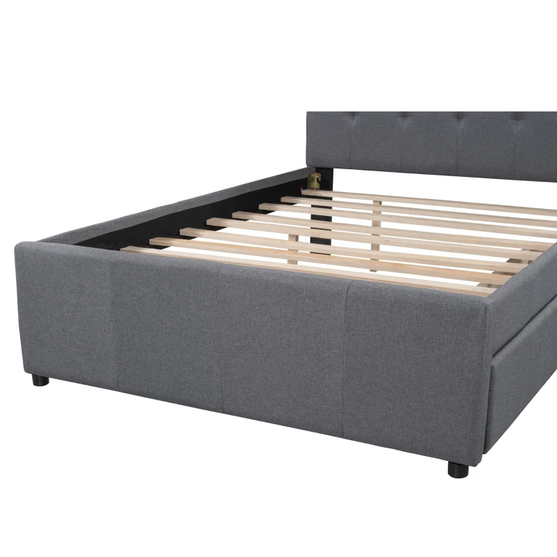 Vinsetto Full Size Linen Upholstered Platform Bed with Headboard and 2 Drawers, Solid Wood Frame, Built-in Slats, 79" L x 58" W x 47" H, Gray
