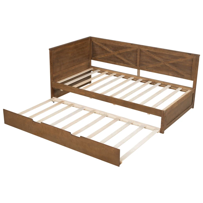 Vinsetto Twin Size Wood Daybed with Trundle, Rustic Guardrail, Solid Wood Construction, 77.5" L x 42" W x 33.5" H, Brown