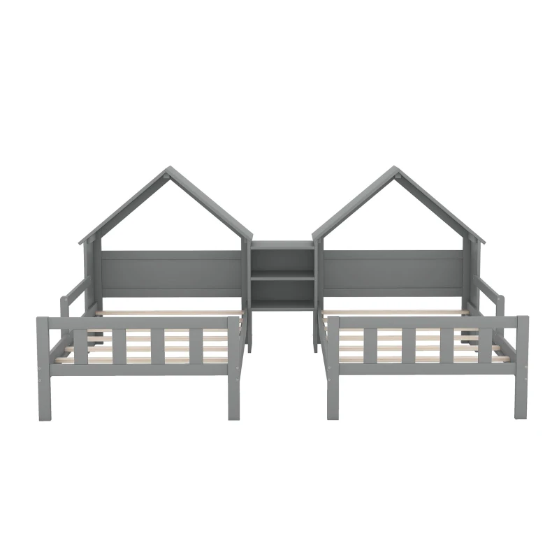 Double Twin Size Platform Bed with House-Shaped Headboard, Built-in Nightstand, Solid Wood Construction, 99.5" L x 78" W x 48" H, Gray
