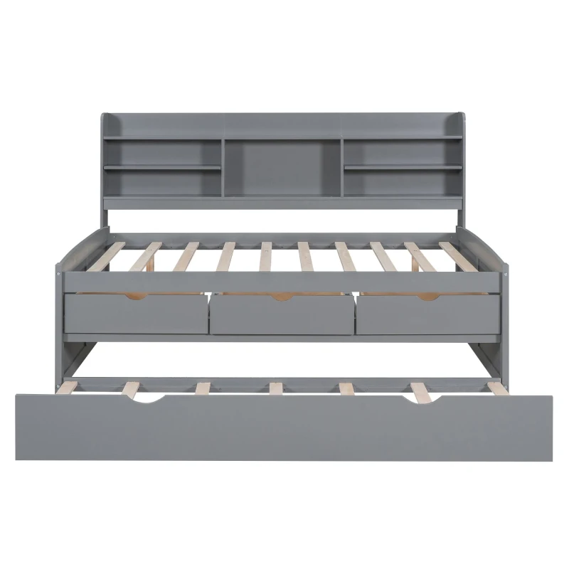 Classic Style Full Size Wooden Captain Bed with Built-in Bookshelves, 3 Storage Drawers, and Trundle, 79" L x 104.5" W x 47" H, Light Gray