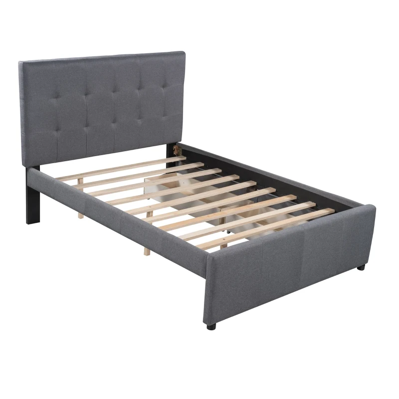 Vinsetto Full Size Linen Upholstered Platform Bed with Headboard and 2 Drawers, Solid Wood Frame, Built-in Slats, 79" L x 58" W x 47" H, Gray