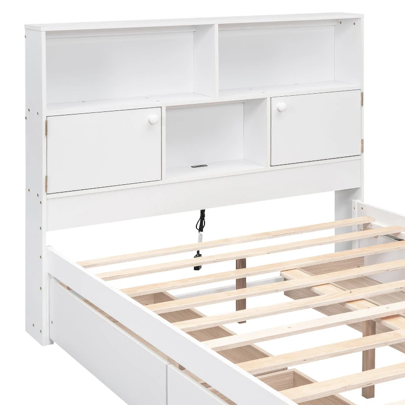 Vinsetto Full Size Platform Bed with Storage Headboard, Charging Station, and 4 Drawers, Solid Wood and MDF, 85" L x 55" W x 48" H, White