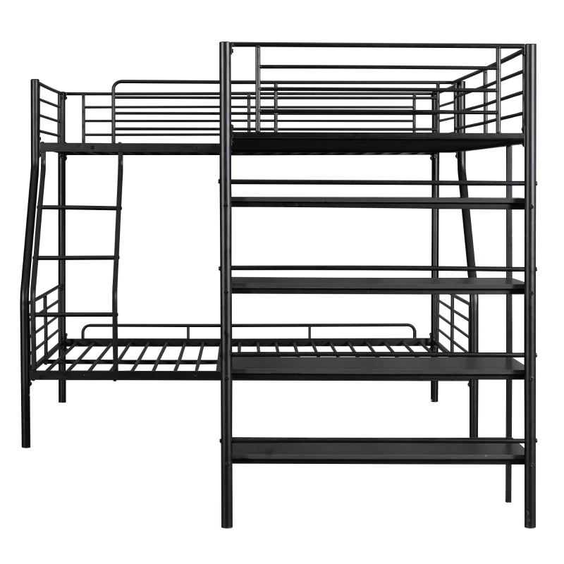 L-Shaped Twin over Full Bunk Bed and Twin Loft Bed with Built-in Shelves, Full-Length Guardrails, and Ladder, 117" L x 77.5" W x 63" H, Black
