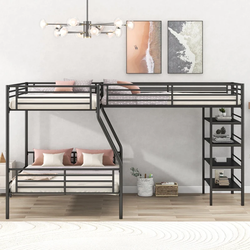 L-Shaped Twin over Full Bunk Bed and Twin Loft Bed with Built-in Shelves, Full-Length Guardrails, and Ladder, 117" L x 77.5" W x 63" H, Black