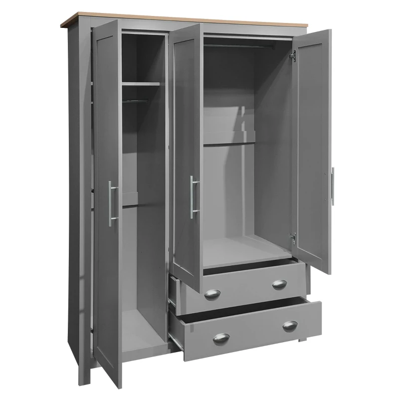 3 Door Storage Wardrobe with Cabinets, 2 Hanging Rods, and Drawers, 47" L x 20" W x 68" H, Gray