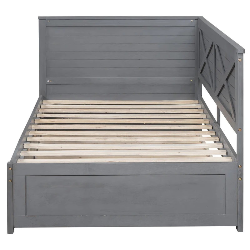 Vinsetto Twin Size Wood Daybed with Trundle, Rustic Guardrail, Solid Wood Construction, 77.5" L x 42" W x 33.5" H, Grey