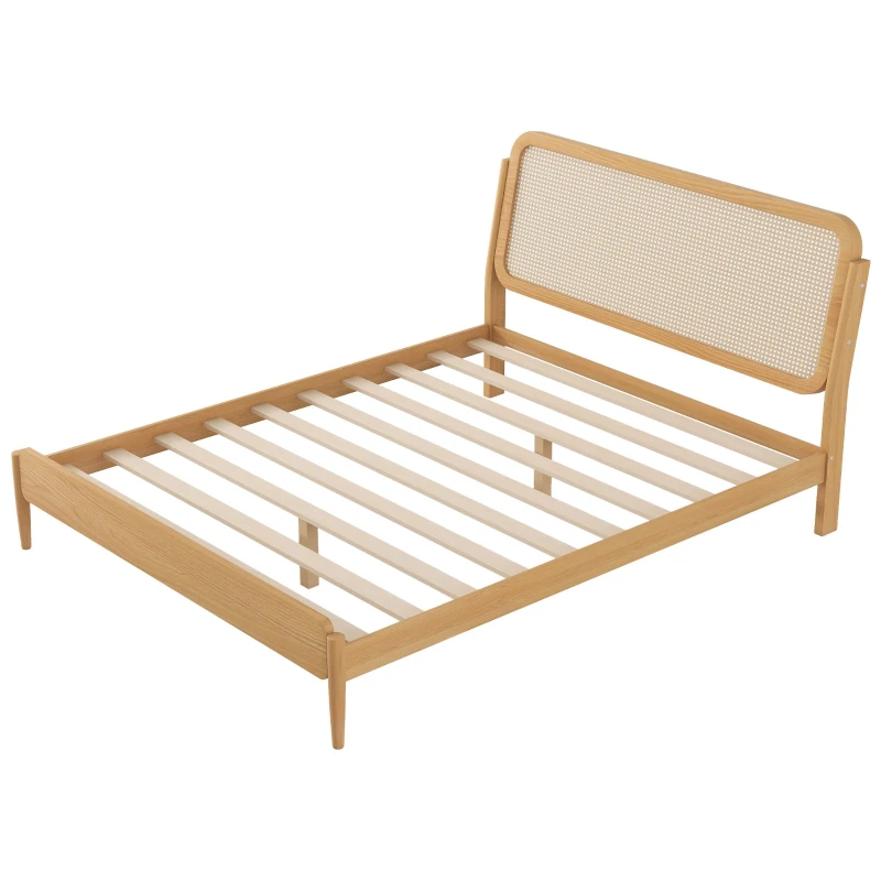 Vinsetto Queen Size Wood Storage Platform Bed with LED Light, Rattan Headboard, No Box Spring Required, 84.5" L x 63" W x 39.5" H, Antique Natural