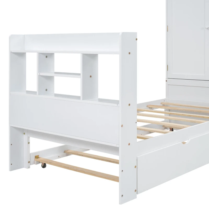 Vinsetto Twin Size Platform Bed with Storage Headboard, Footboard, Pull Out Shelves, and Twin Size Trundle, 101" L x 41.5" W x 65.5" H, White