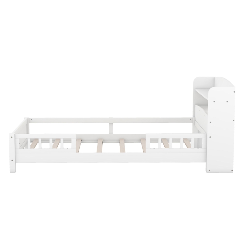 Wood Twin Size Platform Bed with Built-in LED Light, Storage Headboard, Guardrail, and Sturdy Construction, 87" L x 43" W x 31" H, White