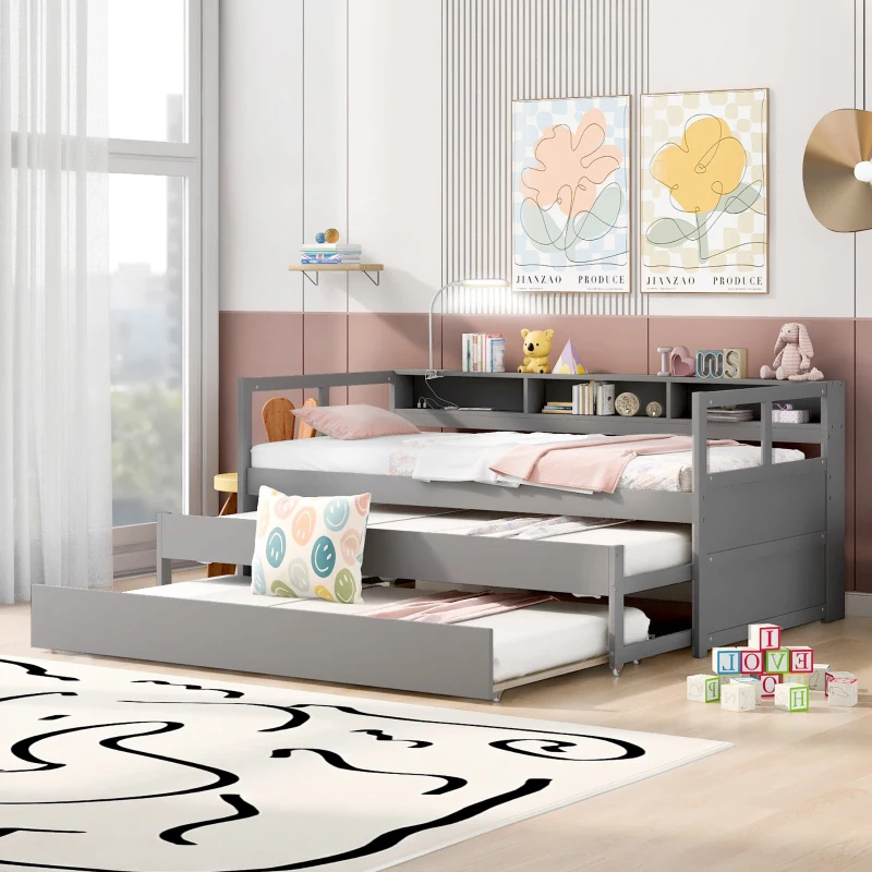 Twin XL Wood Daybed with 2 Trundles, 3 Storage Cubbies, Free Light and USB Charging, 82" L x 129.5" W x 35.5" H, Gray