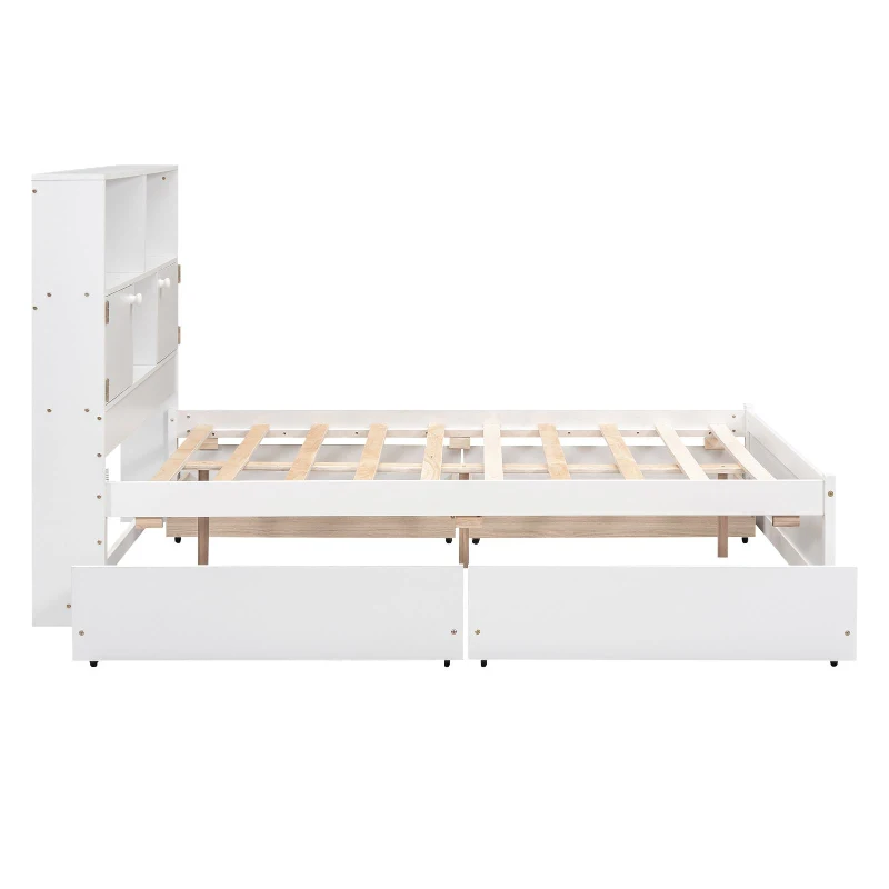 Vinsetto Full Size Platform Bed with Storage Headboard, Charging Station, and 4 Drawers, Solid Wood and MDF, 85" L x 55" W x 48" H, White