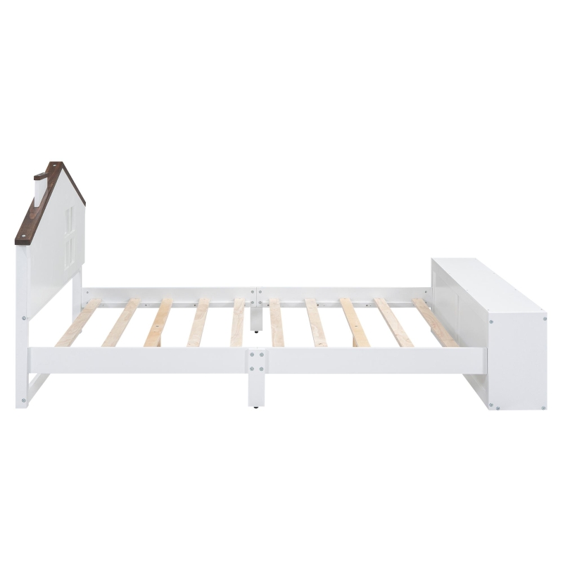 Full Size House Platform Bed with LED Lights, Multi-Storage, and Sturdy Pine Wood Construction, 87.5" L x 58.5" W x 39.5" H, White
