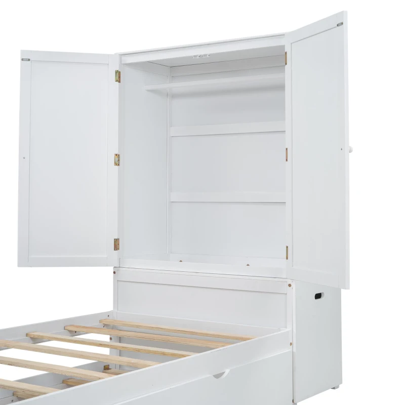 Vinsetto Twin Size Platform Bed with Storage Headboard, Footboard, Pull Out Shelves, and Twin Size Trundle, 101" L x 41.5" W x 65.5" H, White