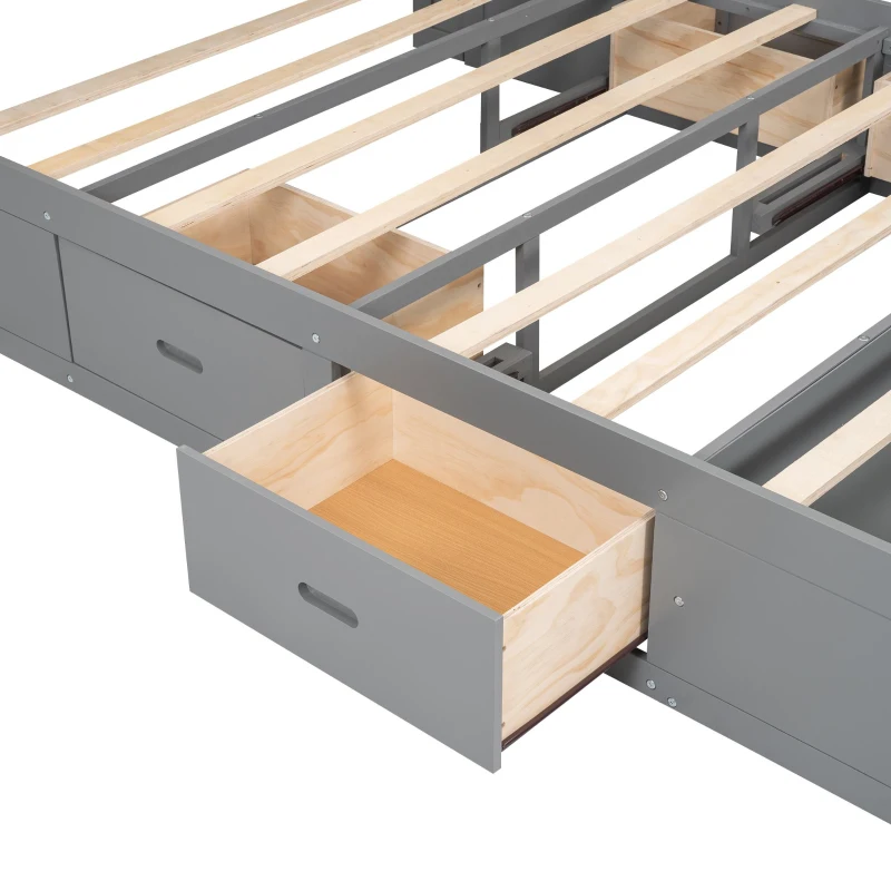 Wood Queen Size Platform Bed with Storage Headboard, Shoe Rack, and 4 Drawers, 90.5" L x 63" W x 43" H, Gray