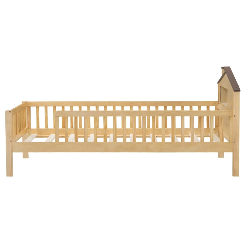 Twin Size Wood Platform Bed with House-Shaped Headboard, LED Light, Built-in Storage, 82" L x 41" W x 36" H, Natural