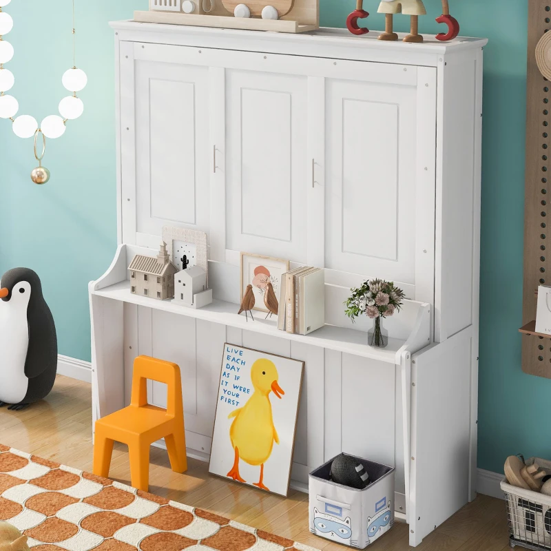 Space-Saving Design Queen Size Murphy Bed with Shelf, Solid Wood and MDF, 86" L x 69.5" W x 87" H, White