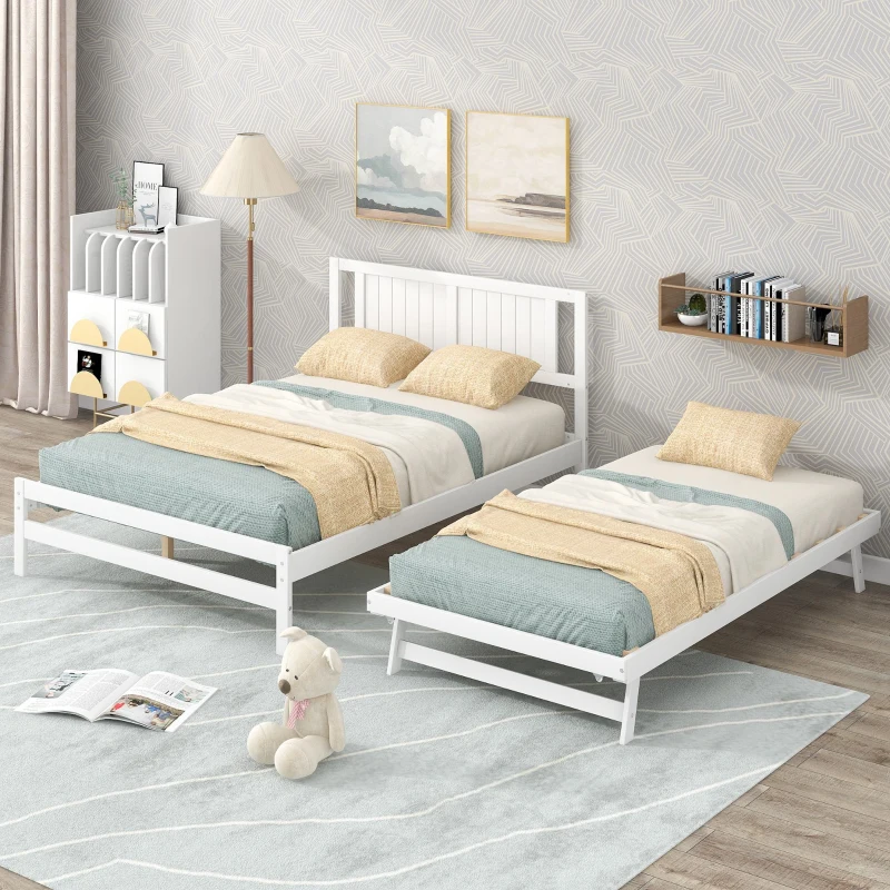 Full Size Platform Bed with Adjustable Trundle, Solid Pine Wood and MDF, 78" L x 97.5" W x 39.5" H, White