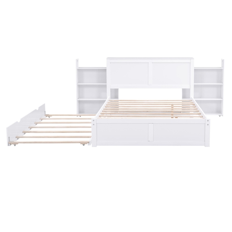 Full Size Storage Platform Bed with Pull Out Shelves, Twin Size Trundle, Solid Wood and MDF, 98" L x 89" W x 39.5" H, White