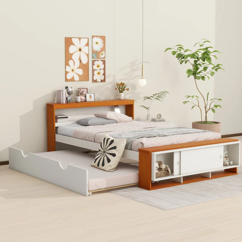 Vinsetto Full Size Platform Bed with Trundle, Storage Headboard and Footboard, USB Charging Design, 92.5" L x 97.5" W x 32.5" H, White+Natural