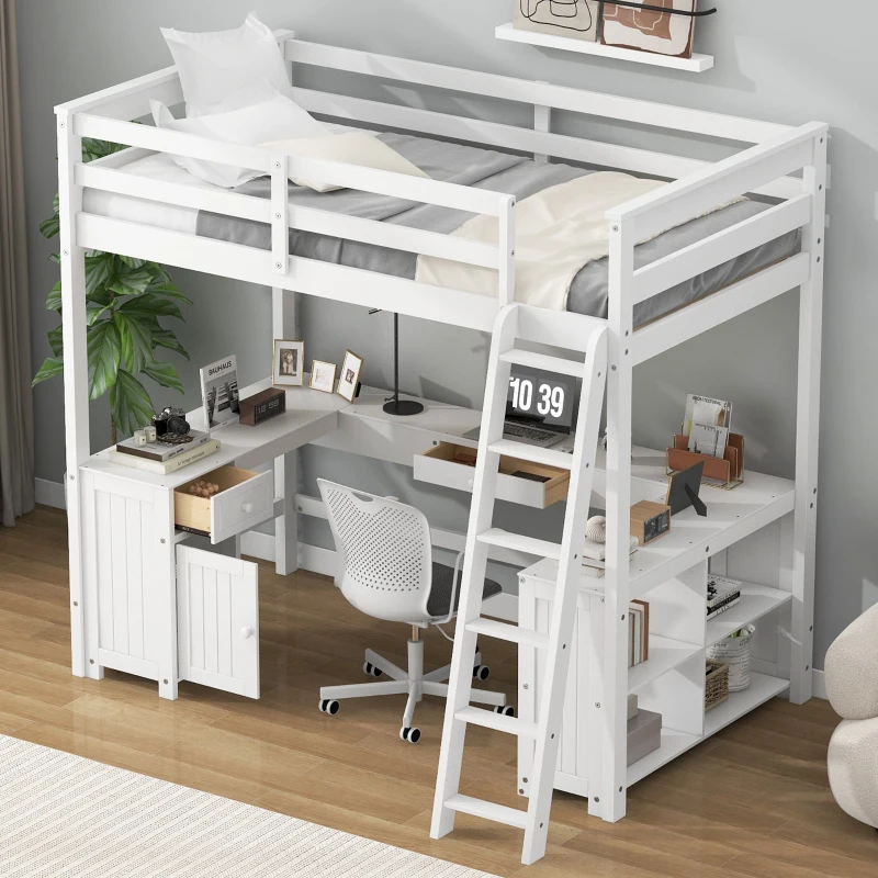 Full Size Loft Bed with U-shaped Desk, Drawers, Storage Shelves, and Sturdy Wood Frame, 77.5" L x 70" W x 75.5" H, White