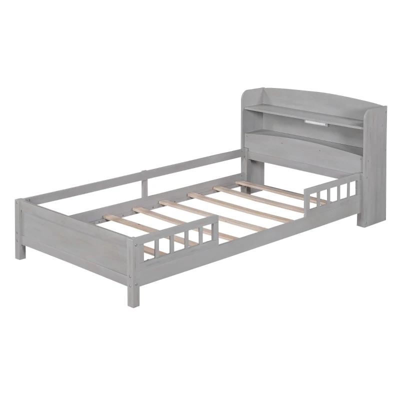 Wood Twin Size Platform Bed with Built-in LED Light, Storage Headboard, Guardrail, and Sturdy Construction, 87" L x 43" W x 31" H, Antique Gray