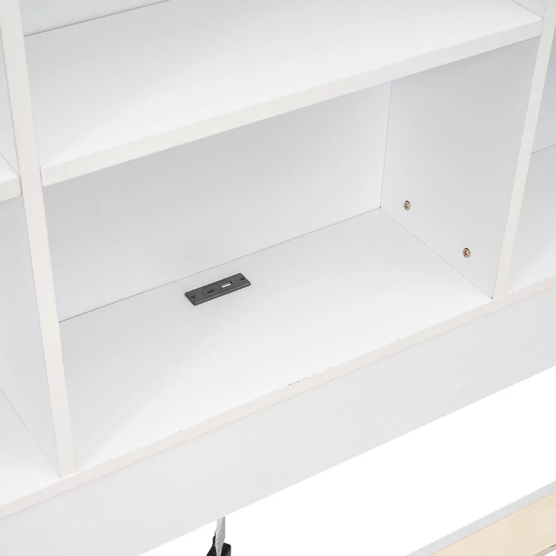 Full Size Platform Bed with Storage Headboard, Charging Station, and 2 Drawers, Solid Wood and MDF, 85" L x 55" W x 48" H, White