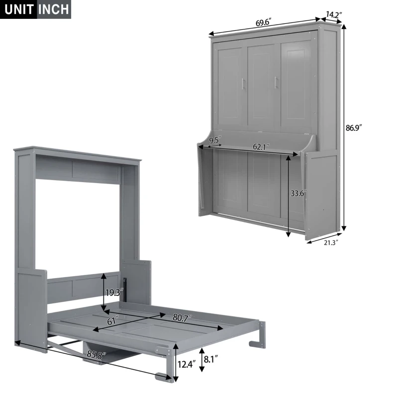 Space-Saving Design Queen Size Murphy Bed with Shelf, Solid Wood and MDF, 86" L x 69.5" W x 87" H, Gray