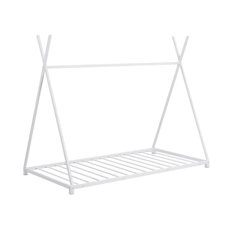 Metal Twin Size House Platform Bed with Triangle Structure, Sturdy Frame, and Safety Railings, 78" L x 41" W x 63" H, White