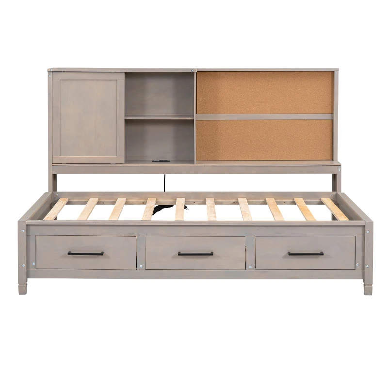 Twin Size Lounge Daybed with Storage Shelves, Cork Board, USB Ports, and 3 Drawers, 78.5" L x 50" W x 51" H, Antique Gray
