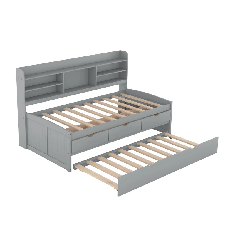 Classic Style Twin Size Wooden Captain Bed with Built-in Bookshelves, 3 Storage Drawers, and Trundle, 77.5" L x 88" W x 47" H, Gray