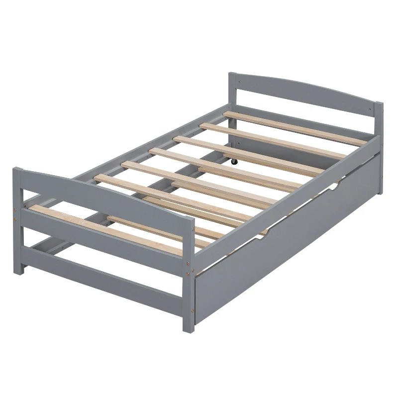 Twin Size Platform Bed with Twin Size Trundle, Headboard and Footboard, Sturdy Pine Wood Construction, 77.5" L x 40.5" W x 22" H, Gray