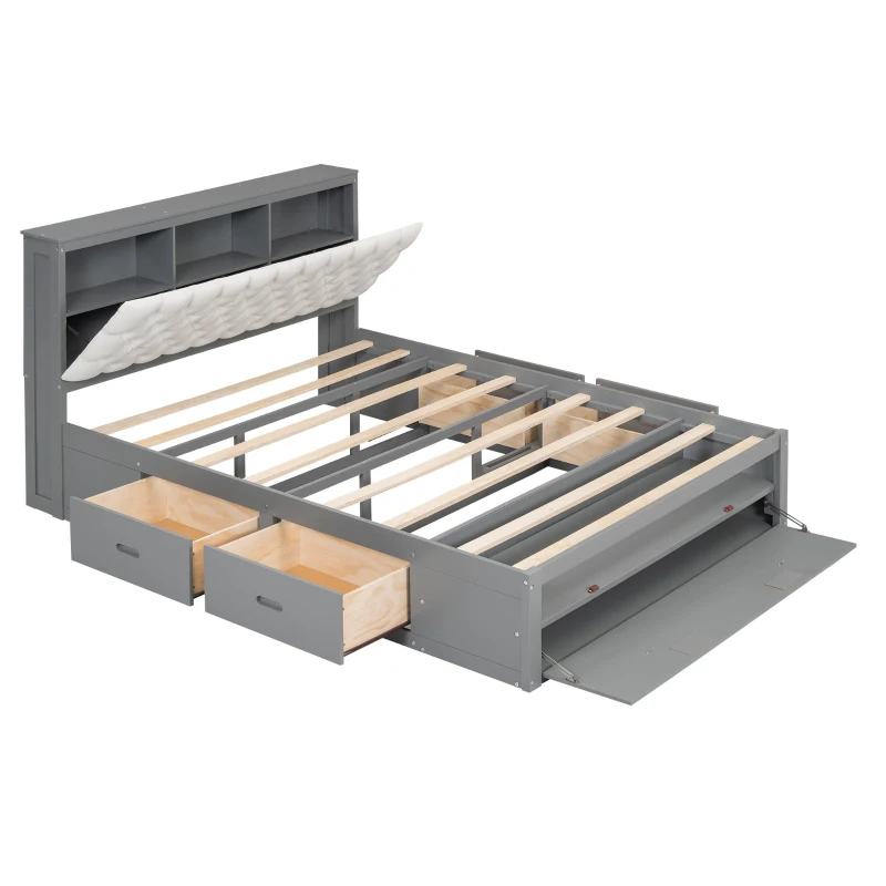 Wood Queen Size Platform Bed with Storage Headboard, Shoe Rack, and 4 Drawers, 90.5" L x 63" W x 43" H, Gray