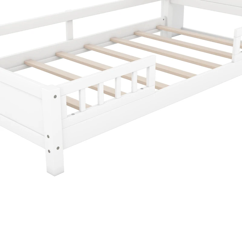 Wood Twin Size Platform Bed with Built-in LED Light, Storage Headboard, Guardrail, and Sturdy Construction, 87" L x 43" W x 31" H, White
