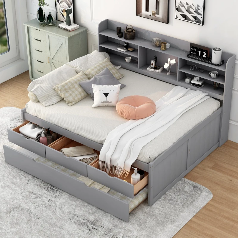 Classic Style Full Size Wooden Captain Bed with Built-in Bookshelves, 3 Storage Drawers, and Trundle, 79" L x 104.5" W x 47" H, Light Gray