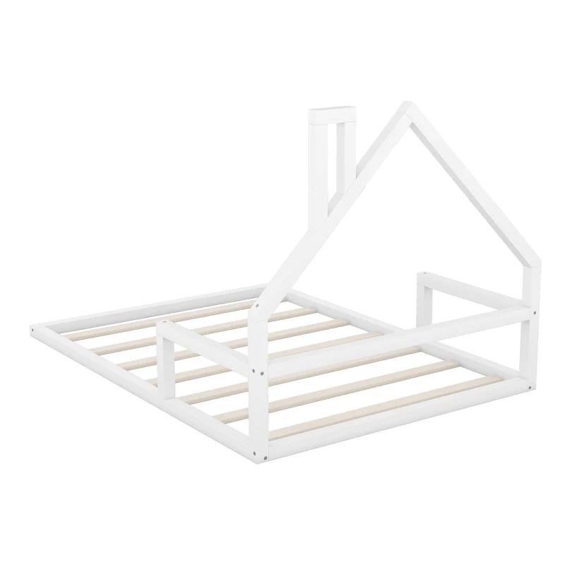 Full Size Wood Floor Bed with House-Shaped Headboard, Sturdy Pine Wood Construction, Easy Assembly, 78" L x 56.5" W x 46.5" H, White