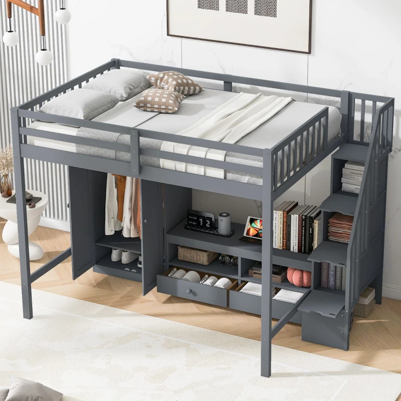 Full Size Loft Bed Frame with Wardrobe, Low Storage Table, Storage Staircase, Solid Wood and MDF, 93.5" L x 56.5" W x 65.5" H, Gray