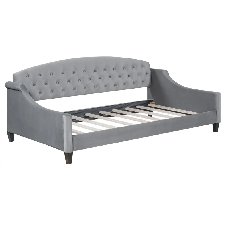 Modern Luxury Tufted Button Twin Size Upholstered Daybed Frame with Foam Padding, Wood Supports, 80.5" L x 45.5" W x 34" H, Gray