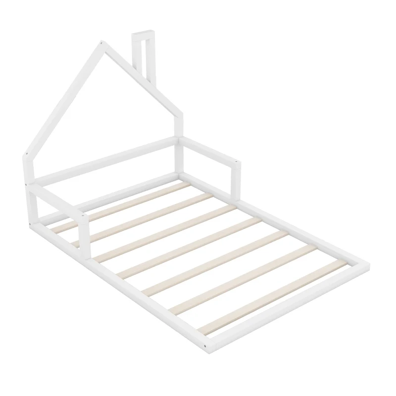 Full Size Wood Floor Bed with House-Shaped Headboard, Sturdy Pine Wood Construction, Easy Assembly, 78" L x 56.5" W x 46.5" H, White