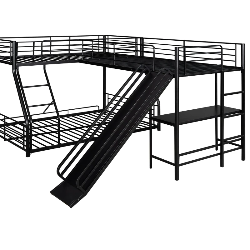 L-Shaped Twin over Full Bunk Bed with Twin Loft, Built-in Desk, Slide, Metal Frame, 117.5" L x 77.5" W x 53" H, Black