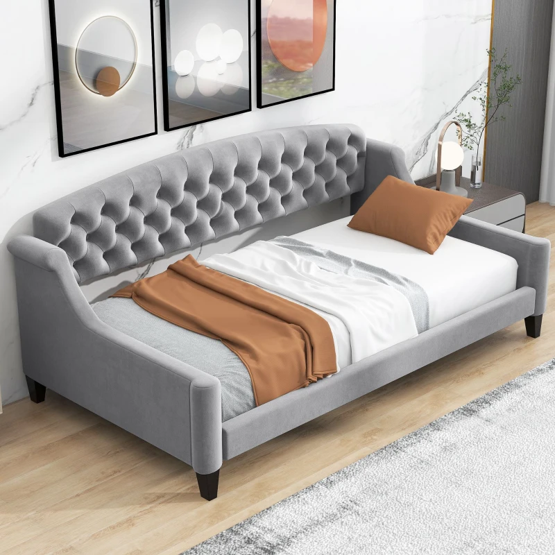 Modern Luxury Tufted Button Twin Size Upholstered Daybed Frame with Foam Padding, Wood Supports, 80.5" L x 45.5" W x 34" H, Gray