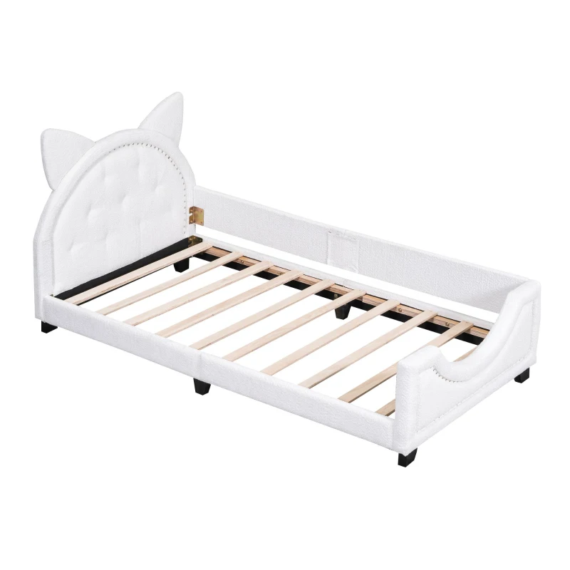 Teddy Fleece Twin Size Upholstered Daybed with Carton Ears Shaped Headboard, Sturdy Frame, Easy to Assemble, 80" L x 41" W x 37" H, White