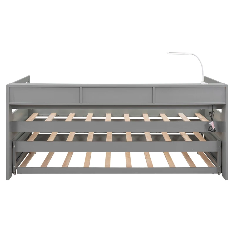 Twin XL Wood Daybed with 2 Trundles, 3 Storage Cubbies, Free Light and USB Charging, 82" L x 129.5" W x 35.5" H, Gray