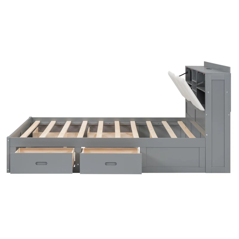 Vinsetto Wood Full Size Platform Bed with Storage Headboard, 4 Drawers, USB Charging Interface, 87" L x 56.5" W x 39.5" H, Gray