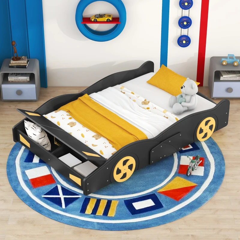 Full Size Race Car-Shaped Platform Bed with Wheels and Storage, Solid Wood and MDF, 90.5" L x 55" W x 15.5" H, Black