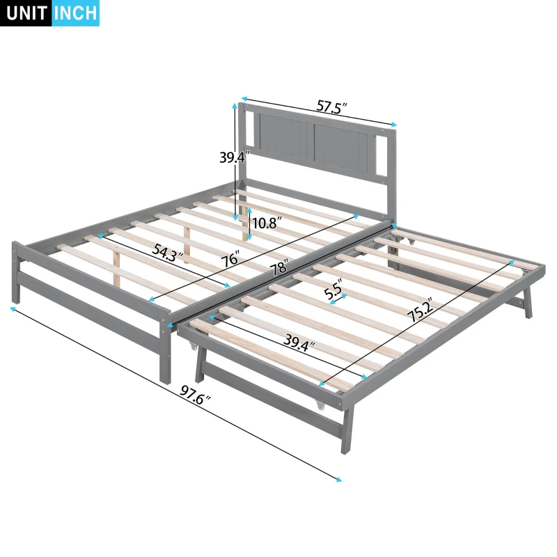 Full Size Platform Bed with Adjustable Trundle, Solid Pine Wood and MDF, 78" L x 97.5" W x 39.5" H, Gray