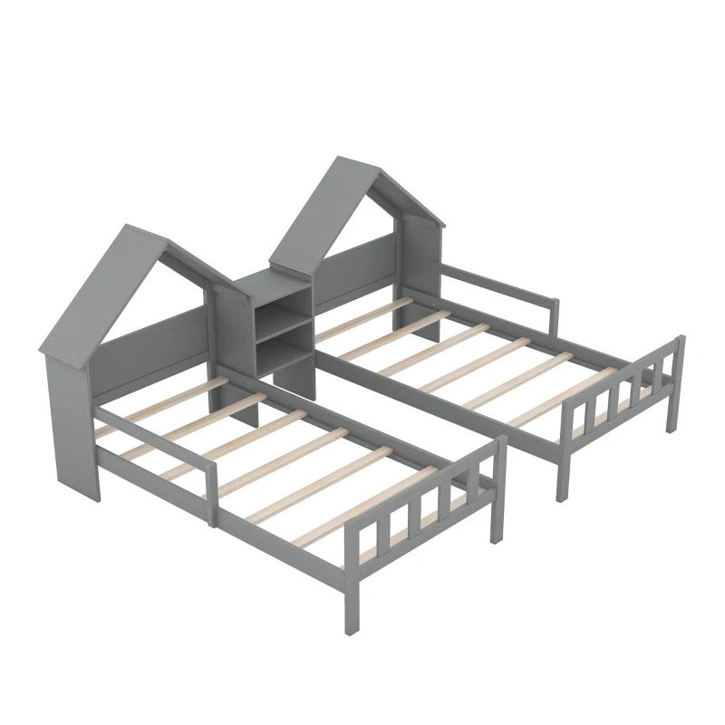 Double Twin Size Platform Bed with House-Shaped Headboard, Built-in Nightstand, Solid Wood Construction, 99.5" L x 78" W x 48" H, Gray